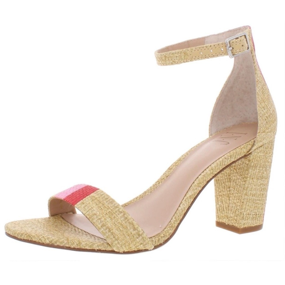 INC Kivah Sandals Womens 8.5M Tan Pink Raffia Woven Colorblock Block Heel Strap